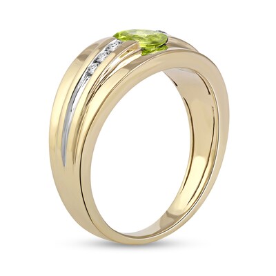 Men's Oval Peridot and 0.15 CT. T.W. Diamond Tri-Sides Grooved Band in 10K Two-Tone Gold