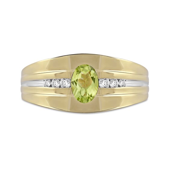 Men's Oval Peridot and 0.15 CT. T.W. Diamond Tri-Sides Grooved Band in 10K Two-Tone Gold