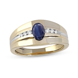 Men's Oval Blue Sapphire and 0.15 CT. T.W. Diamond Tri-Sides Grooved Band in 10K Two-Tone Gold