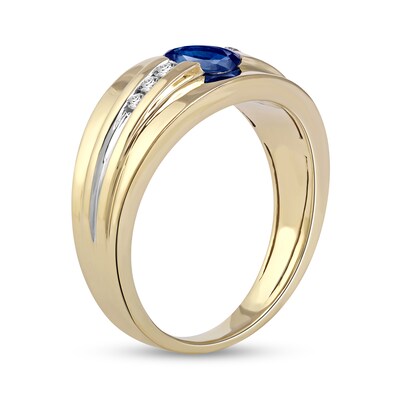 Men's Oval Blue Sapphire and 0.15 CT. T.W. Diamond Tri-Sides Grooved Band in 10K Two-Tone Gold