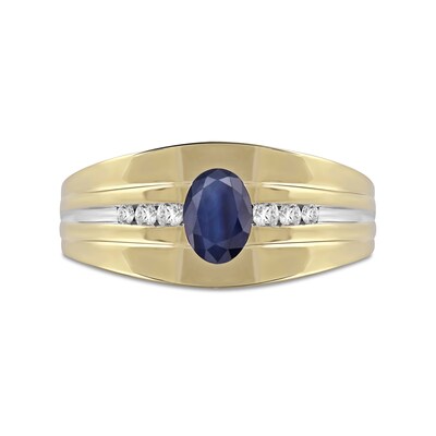 Men's Oval Blue Sapphire and 0.15 CT. T.W. Diamond Tri-Sides Grooved Band in 10K Two-Tone Gold