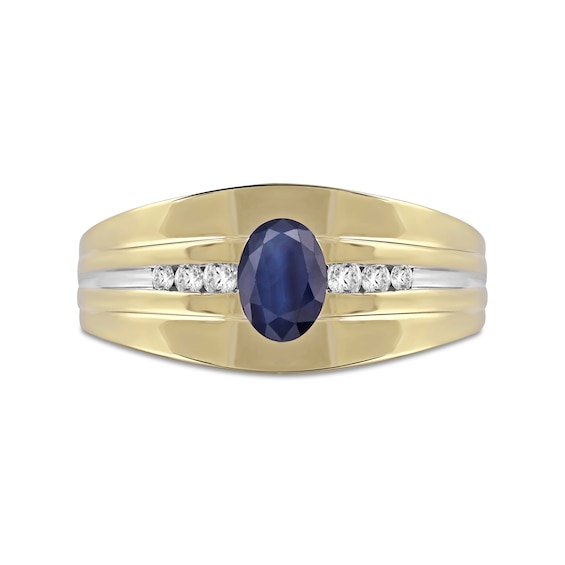 Men's Oval Blue Sapphire and 0.15 CT. T.W. Diamond Tri-Sides Grooved Band in 10K Two-Tone Gold