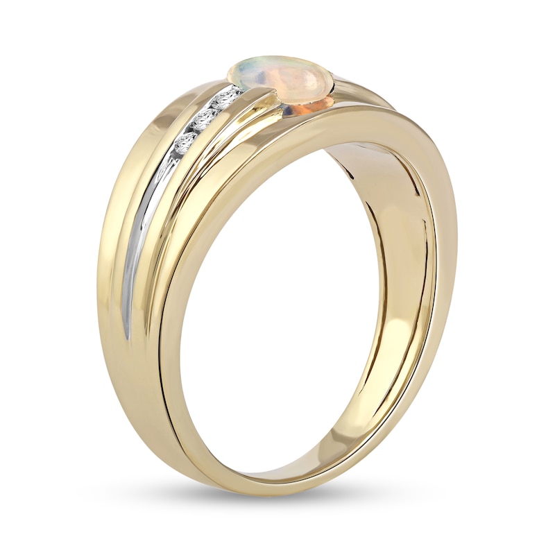 Men's Oval Opal and 0.15 CT. T.W. Diamond Tri-Sides Grooved Band in 10K Two-Tone Gold|Peoples Jewellers