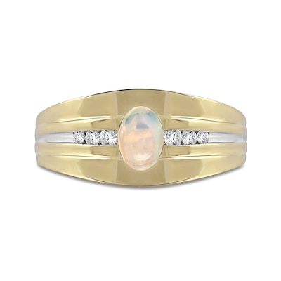 Men's Oval Opal and 0.15 CT. T.W. Diamond Tri-Sides Grooved Band in 10K Two-Tone Gold