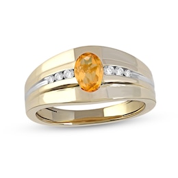 Men's Oval Madeira Citrine and 0.15 CT. T.W. Diamond Tri-Sides Grooved Band in 10K Two-Tone Gold