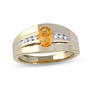 Men's Oval Madeira Citrine and 0.15 CT. T.W. Diamond Tri-Sides Grooved Band in 10K Two-Tone Gold