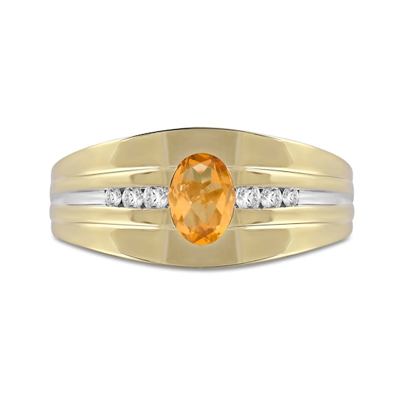 Men's Oval Madeira Citrine and 0.15 CT. T.W. Diamond Tri-Sides Grooved Band in 10K Two-Tone Gold