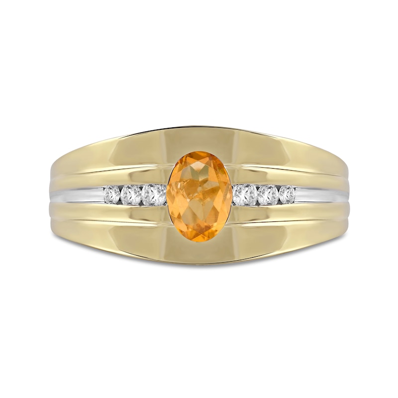 Men's Oval Madeira Citrine and 0.15 CT. T.W. Diamond Tri-Sides Grooved Band in 10K Two-Tone Gold