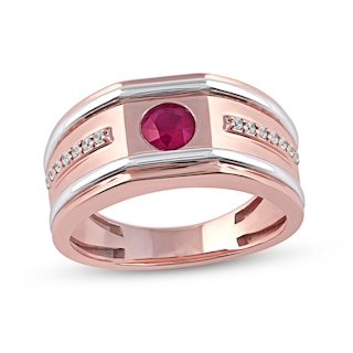 Men's 5.0mm Ruby and 0.12 CT. T.W. Diamond Side Accent Flat-Top Grooved Band in 10K Two-Tone Gold