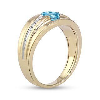 Men's Oval Swiss Blue Topaz and 0.15 CT. T.W. Diamond Tri-Sides Grooved Band in 10K Two-Tone Gold