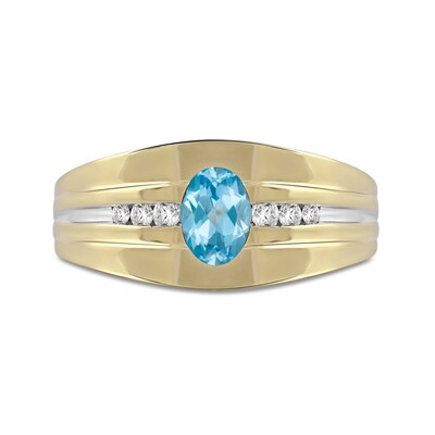 Men's Oval Swiss Blue Topaz and 0.15 CT. T.W. Diamond Tri-Sides Grooved Band in 10K Two-Tone Gold