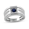 Thumbnail Image 1 of Men's 5.0mm Blue Sapphire and 0.12 CT. T.W. Diamond Side Accent Flat-Top Grooved Band in 10K White Gold