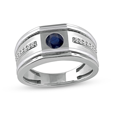 Men's 5.0mm Blue Sapphire and 0.12 CT. T.W. Diamond Side Accent Flat-Top Grooved Band in 10K White Gold