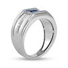 Men's 5.0mm Blue Sapphire and 0.12 CT. T.W. Diamond Side Accent Flat-Top Grooved Band in 10K White Gold