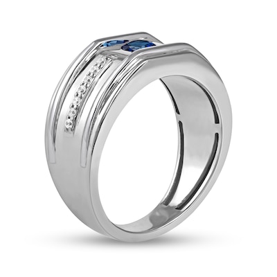 Men's 5.0mm Blue Sapphire and 0.12 CT. T.W. Diamond Side Accent Flat-Top Grooved Band in 10K White Gold