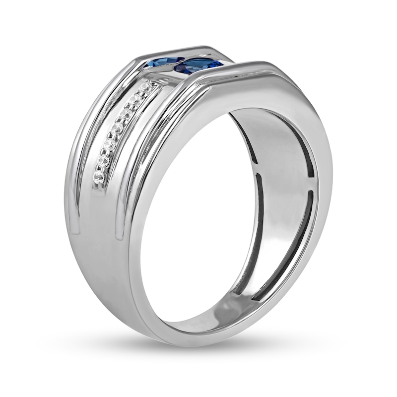 Men's 5.0mm Blue Sapphire and 0.12 CT. T.W. Diamond Side Accent Flat-Top Grooved Band in 10K White Gold|Peoples Jewellers