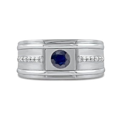 Men's 5.0mm Blue Sapphire and 0.12 CT. T.W. Diamond Side Accent Flat-Top Grooved Band in 10K White Gold