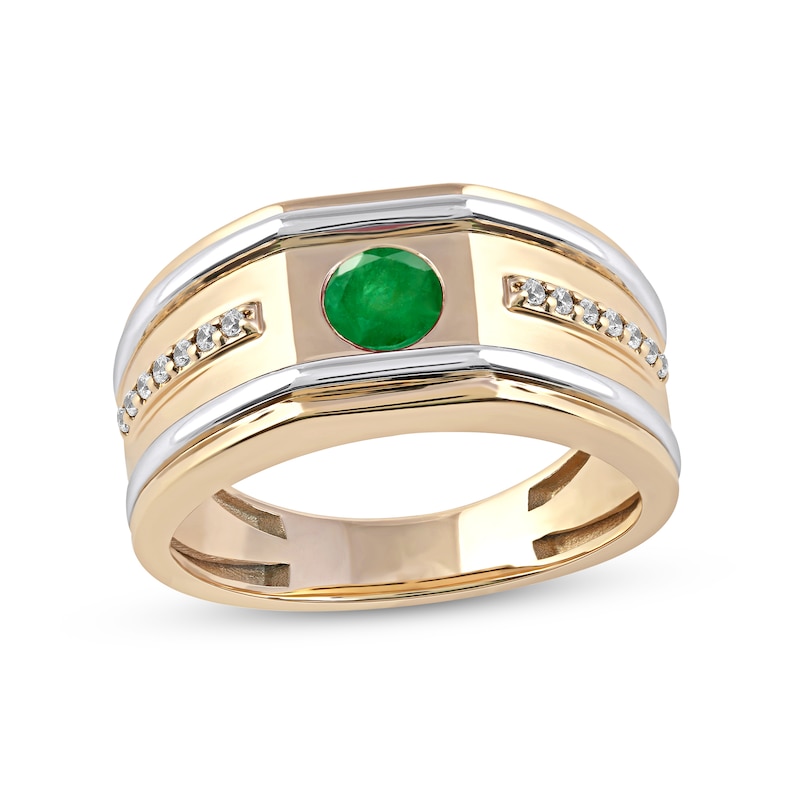 Men's 5.0mm Emerald and 0.12 CT. T.W. Diamond Side Accent Flat-Top Grooved Band in 10K Two-Tone Gold|Peoples Jewellers