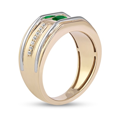 Men's 5.0mm Emerald and 0.12 CT. T.W. Diamond Side Accent Flat-Top Grooved Band in 10K Two-Tone Gold