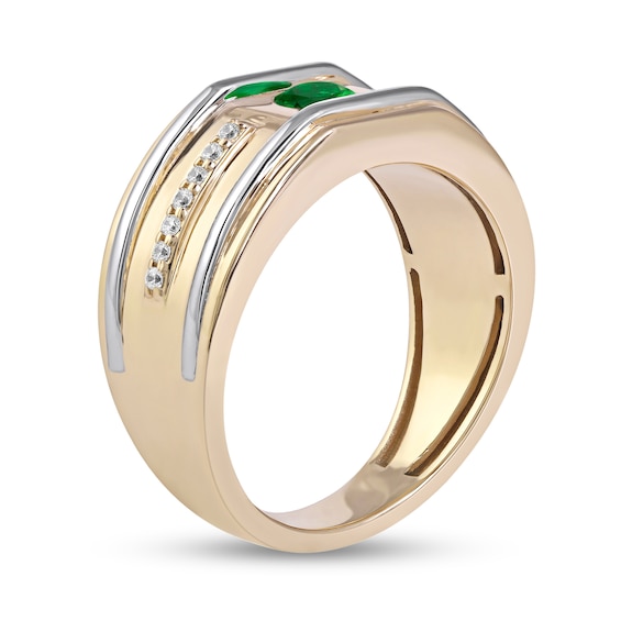 Men's 5.0mm Emerald and 0.12 CT. T.W. Diamond Side Accent Flat-Top Grooved Band in 10K Two-Tone Gold