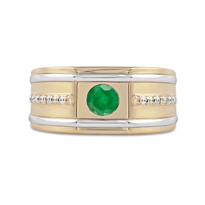 Men's 5.0mm Emerald and 0.12 CT. T.W. Diamond Side Accent Flat-Top Grooved Band in 10K Two-Tone Gold