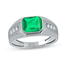 Men's Sideways Octagonal Lab-Created Emerald and White Lab-Created Sapphire Tri-Sides Channel Band in Sterling Silver