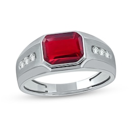 Men's Sideways Octagonal Lab-Created Garnet and White Lab-Created Sapphire Tri-Sides Channel Band in Sterling Silver