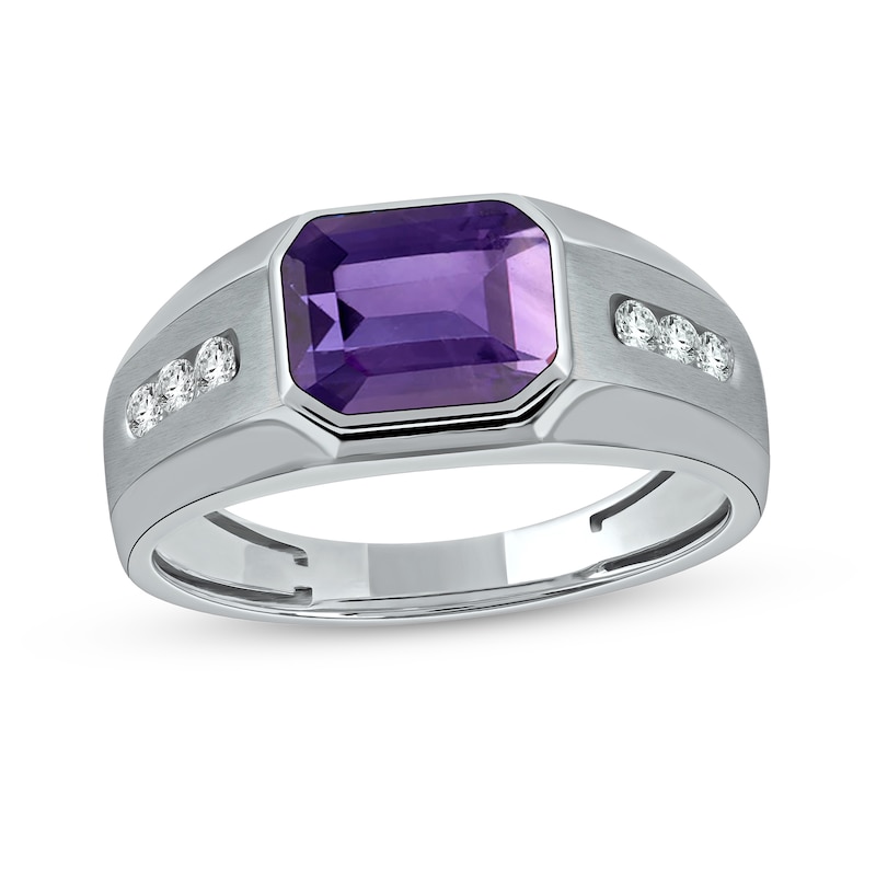 Men's Sideways Octagonal Amethyst and White Lab-Created Sapphire Tri-Sides Channel Band in Sterling Silver|Peoples Jewellers