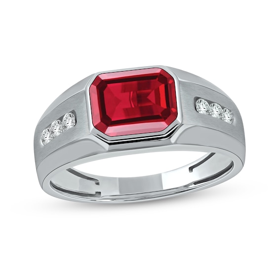 Men's Sideways Octagonal Lab-Created Ruby and White Lab-Created Sapphire Tri-Sides Channel Band in Sterling Silver