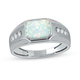 Men's Sideways Octagonal Lab-Created Opal and White Lab-Created Sapphire Tri-Sides Channel Band in Sterling Silver