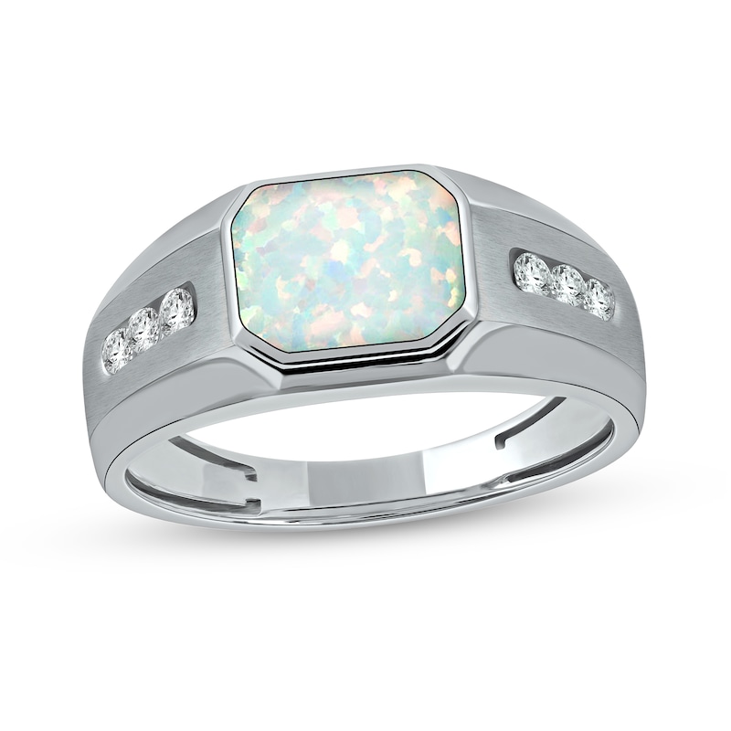Men's Sideways Octagonal Lab-Created Opal and White Lab-Created Sapphire Tri-Sides Channel Band in Sterling Silver|Peoples Jewellers