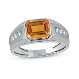 Men's Sideways Octagonal Citrine and White Lab-Created Sapphire Tri-Sides Channel Band in Sterling Silver