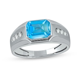 Men's Sideways Octagonal Swiss Blue Topaz and White Lab-Created Sapphire Tri-Sides Channel Band in Sterling Silver