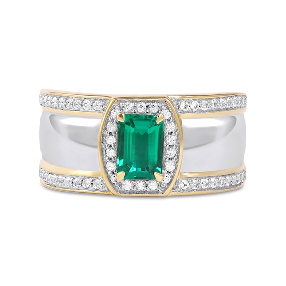 Men's Emerald-Cut Lab-Created Emerald and White Lab-Created Sapphire Triple Row Band in Sterling Silver and 10K Gold