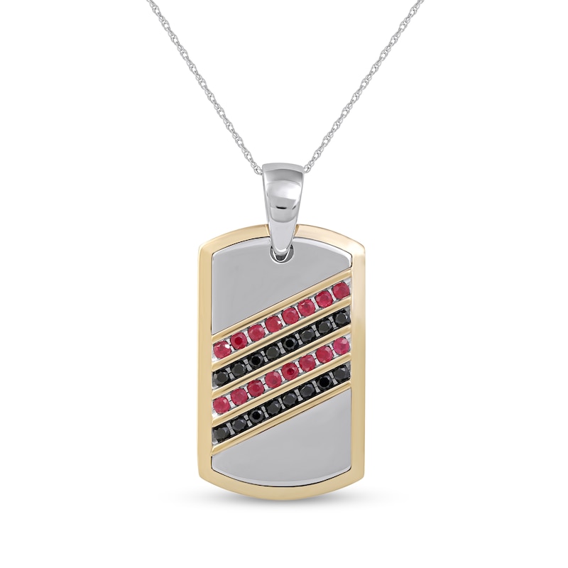 Men's Ruby and Black Sapphire Alternating Slant Four Row Dog Tag Pendant in Sterling Silver and 10K Gold – 22"|Peoples Jewellers