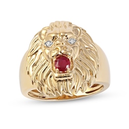 Men's 4.0mm Ruby and Diamond Accent Lion Head Ring in 10K Gold