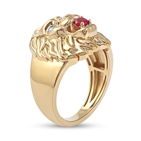 Men's 4.0mm Ruby and Diamond Accent Lion Head Ring in 10K Gold