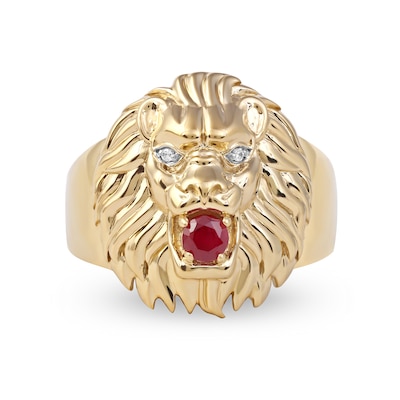 Men's 4.0mm Ruby and Diamond Accent Lion Head Ring in 10K Gold