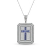 Thumbnail Image 0 of Men's Baguette Blue and White Lab-Created Sapphire Octagonal Frame Cross Dog Tag Pendant in Sterling Silver - 22"