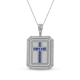 Men's Baguette Blue and White Lab-Created Sapphire Octagonal Frame Cross Dog Tag Pendant in Sterling Silver - 22&quot;