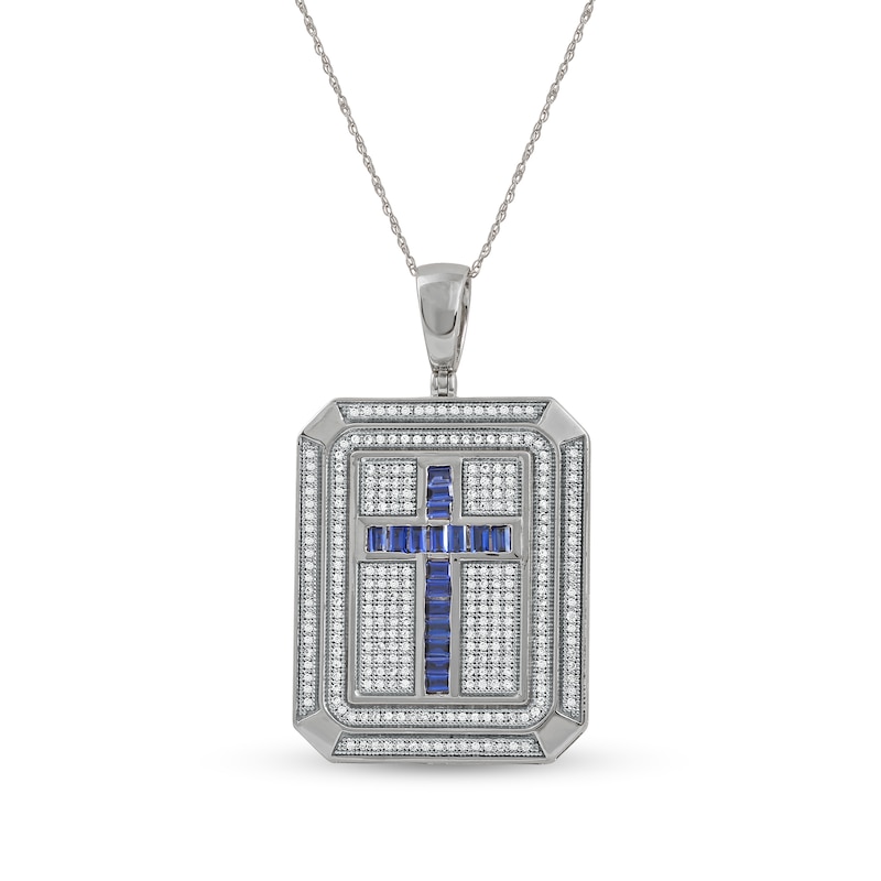 Men's Baguette Blue and White Lab-Created Sapphire Octagonal Frame Cross Dog Tag Pendant in Sterling Silver - 22"
