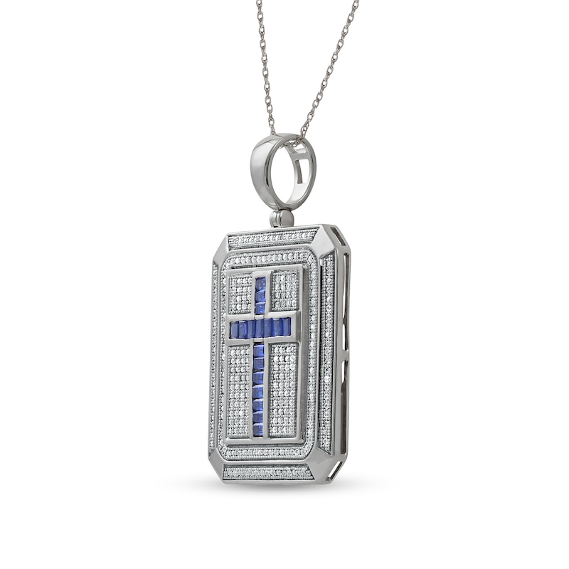Men's Baguette Blue and White Lab-Created Sapphire Octagonal Frame Cross Dog Tag Pendant in Sterling Silver - 22"