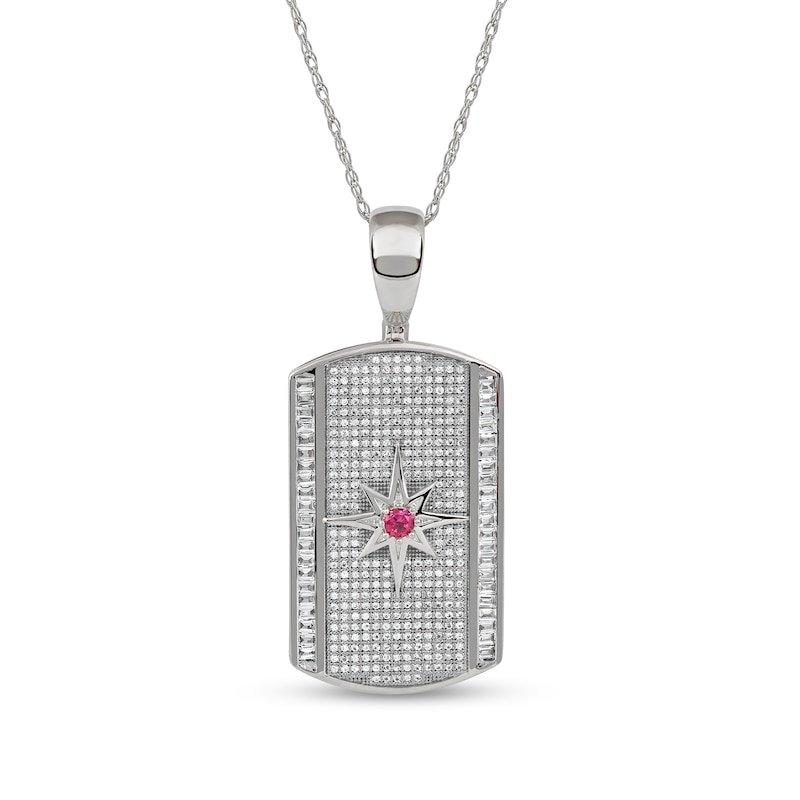 Men's Lab-Created Ruby and White Lab-Created Sapphire Border Eight-Point Star Dog Tag Pendant in Sterling Silver - 22"|Peoples Jewellers