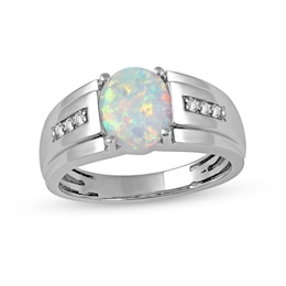 Men's Oval Lab-Created Opal and White Lab-Created Sapphire Tri-Sides Stepped Edge Band in Sterling Silver