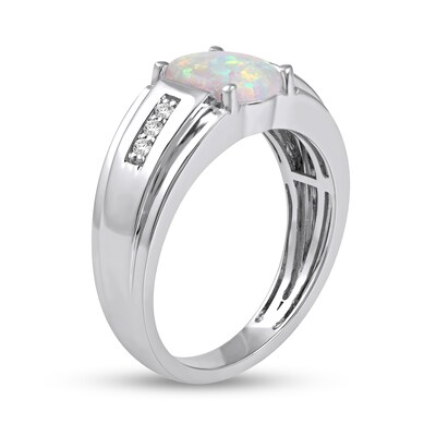 Men's Oval Lab-Created Opal and White Lab-Created Sapphire Tri-Sides Stepped Edge Band in Sterling Silver