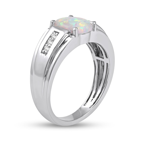 Men's Oval Lab-Created Opal and White Lab-Created Sapphire Tri-Sides Stepped Edge Band in Sterling Silver