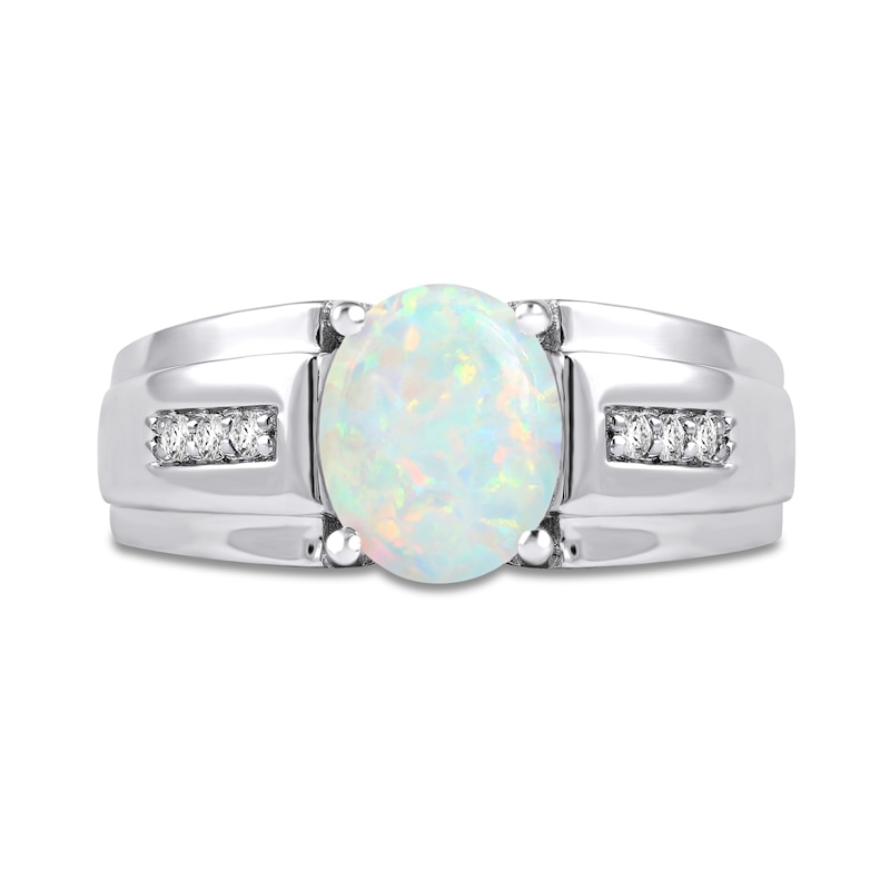 Men's Oval Lab-Created Opal and White Lab-Created Sapphire Tri-Sides Stepped Edge Band in Sterling Silver|Peoples Jewellers