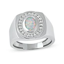 Men's Oval Lab-Created Opal and White Lab-Created Sapphire Frame Bold Shank Band in Sterling Silver