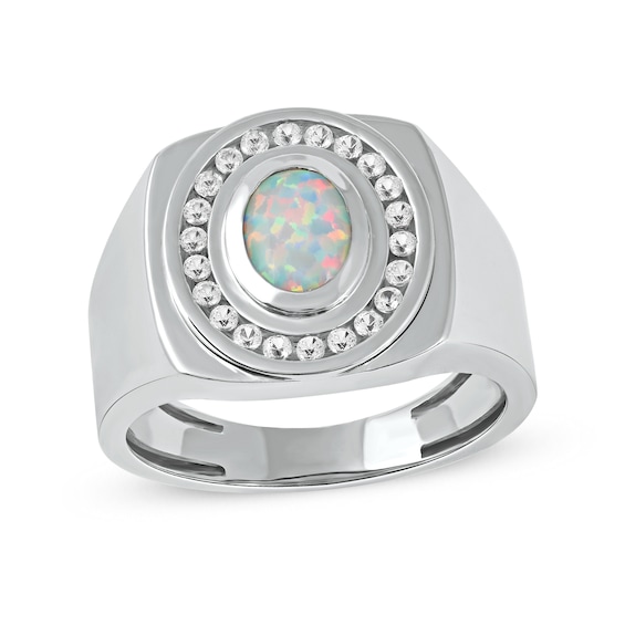 Men's Oval Lab-Created Opal and White Lab-Created Sapphire Frame Bold Shank Band in Sterling Silver