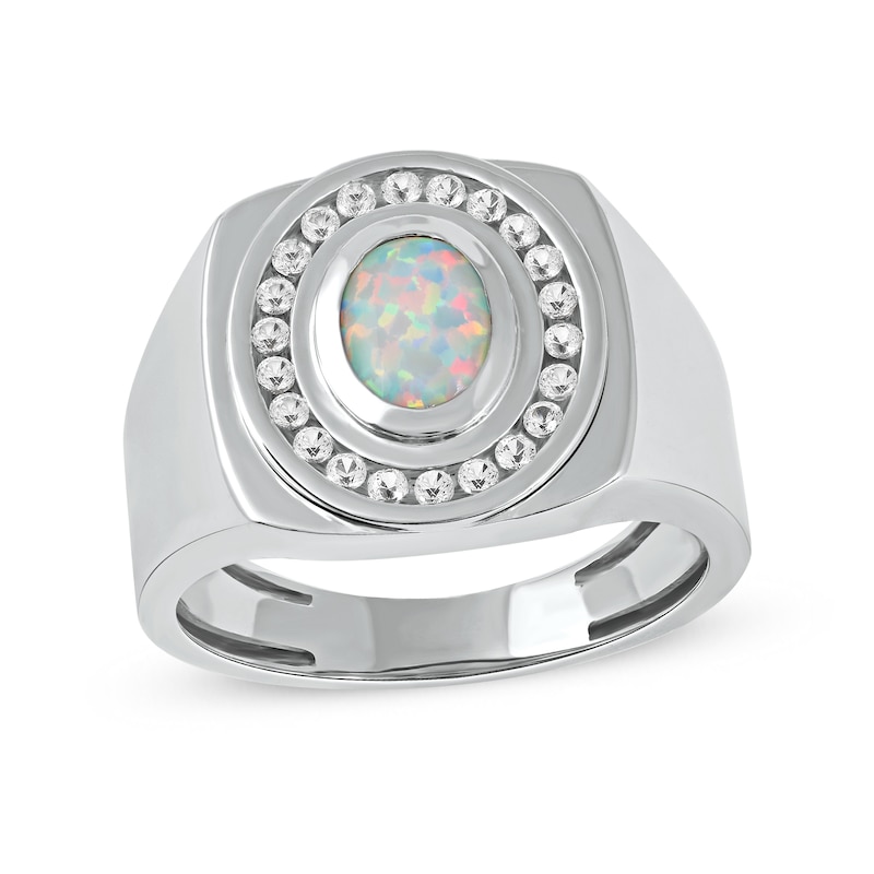 Men's Oval Lab-Created Opal and White Lab-Created Sapphire Frame Bold Shank Band in Sterling Silver|Peoples Jewellers